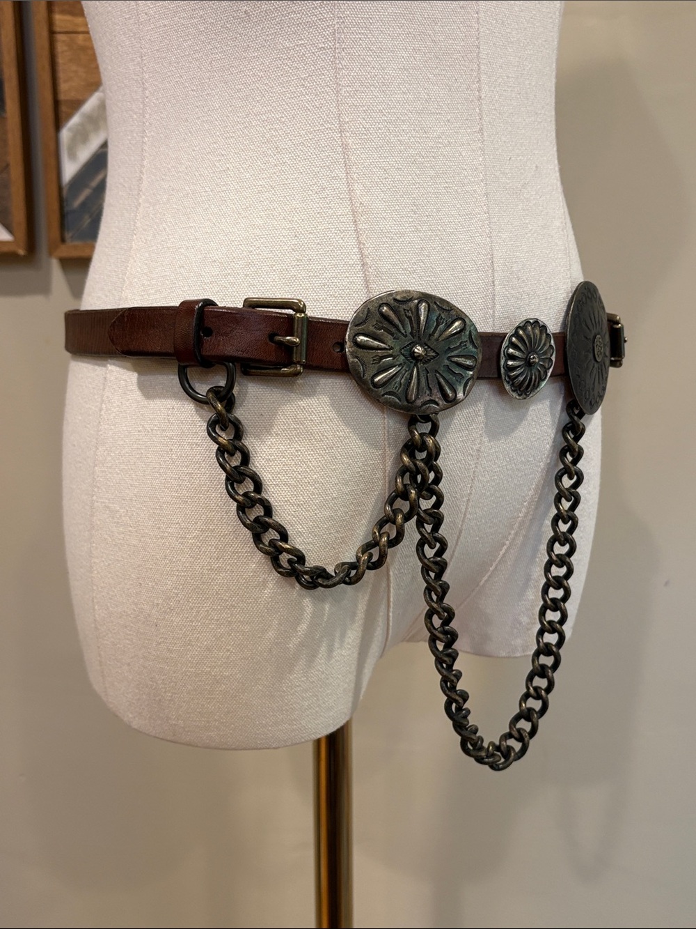 Ralph Lauren Collection Brown Leather Double Buckle Concho Chain Belt size Small - Picture 5 of 16